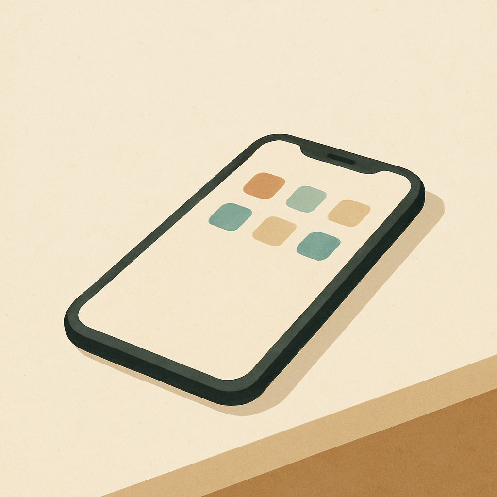 Illustration minimaliste d’un smartphone posé sur une table claire, avec quelques icônes colorées, symbole d’un usage digital simplifié et épuré