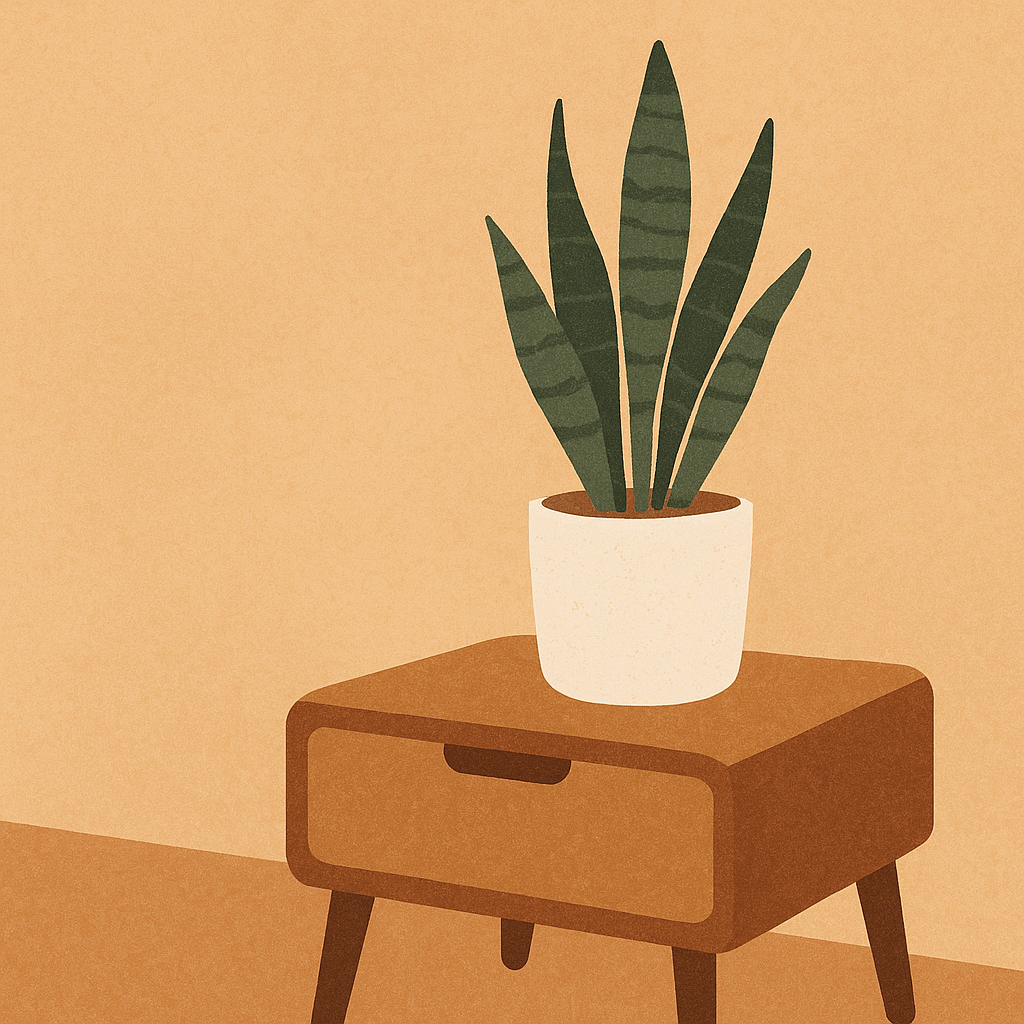 Illustration minimaliste d’une plante verte en pot posée sur une table en bois, dans un intérieur épuré aux tons chauds