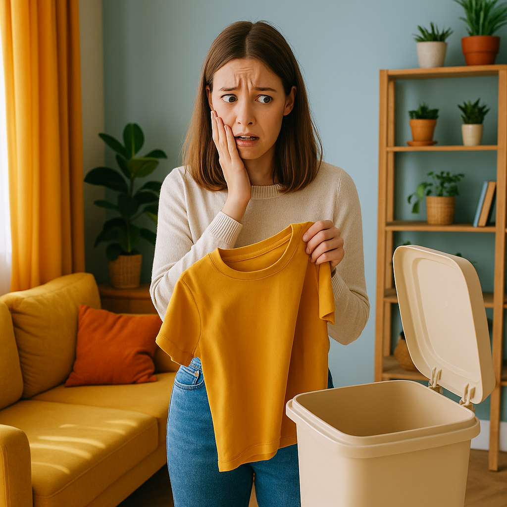 Photographie d’une jeune femme hésitante tenant un t-shirt jaune devant une poubelle beige ouverte, avec une expression de peur dans un salon lumineux et coloré.