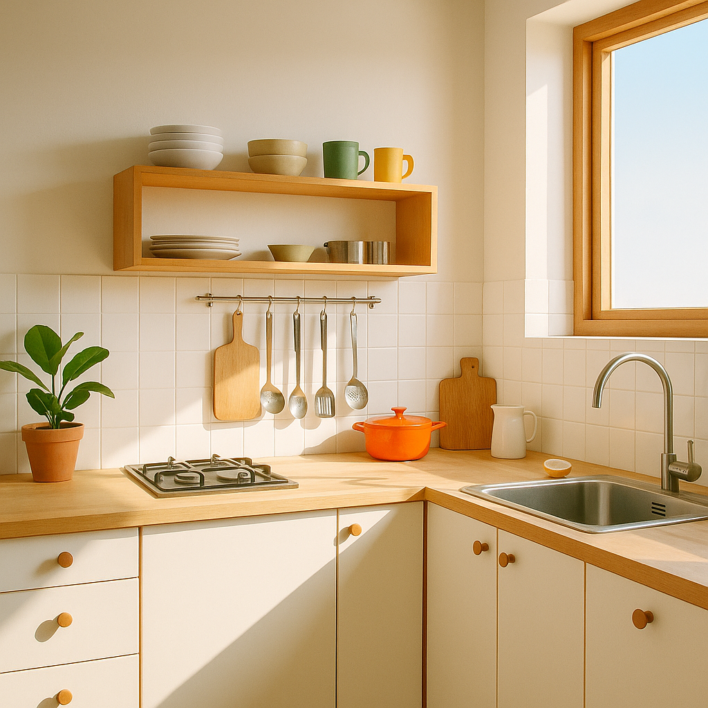 Photographie d’une cuisine minimaliste baignée de lumière naturelle, avec plan de travail en bois clair, ustensiles suspendus, vaisselle colorée et une casserole orange posée près de l’évier