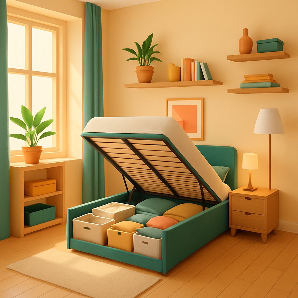 Illustration 3D colorée d’une petite chambre minimaliste avec un lit coffre ouvert rempli de rangements, des étagères murales en bois, des plantes vertes et des rideaux verts apportant luminosité et chaleur.