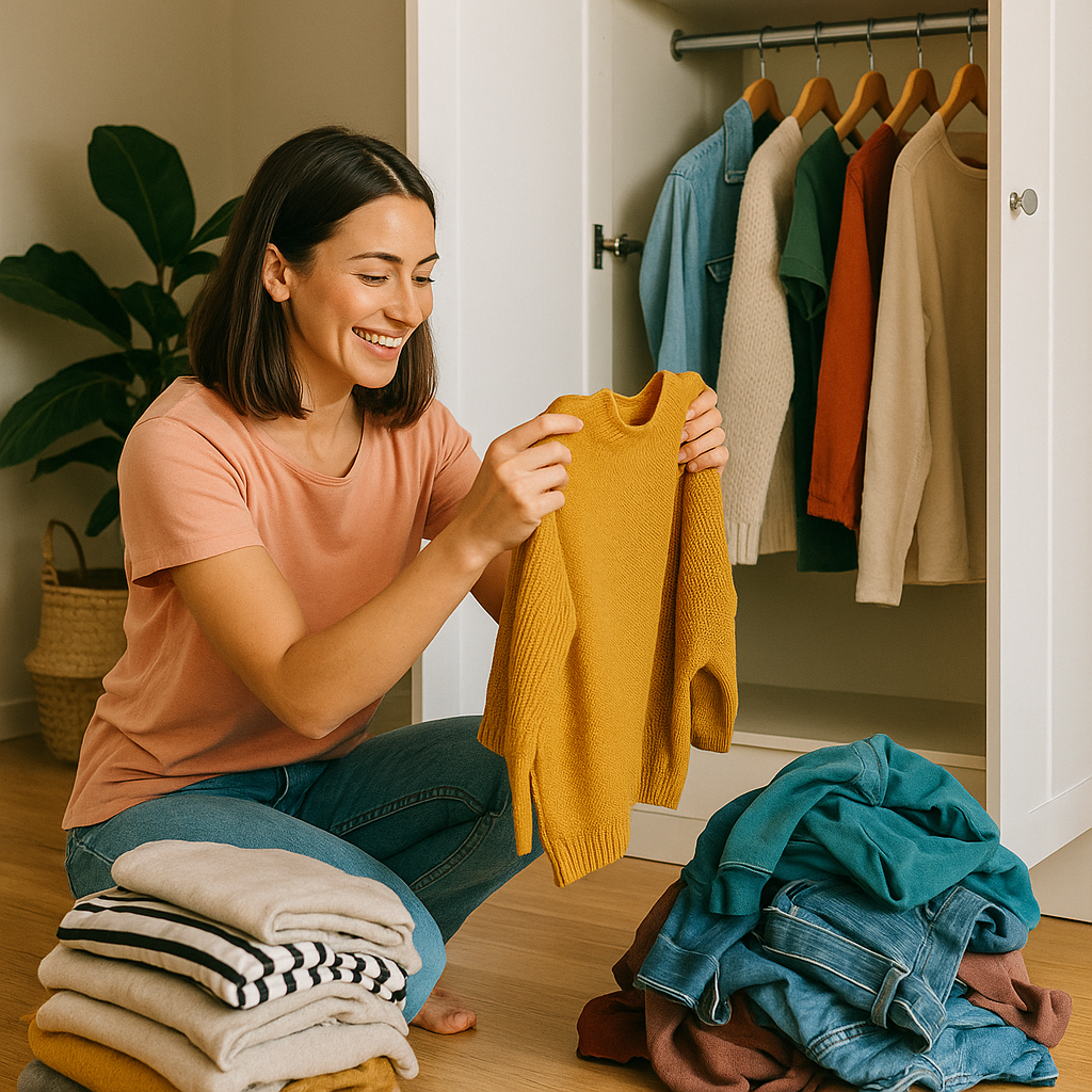 Photographie d’une jeune femme souriante triant ses vêtements devant une armoire ouverte, tenant un pull jaune moutarde, avec des piles de vêtements colorés autour d’elle dans une pièce lumineuse.