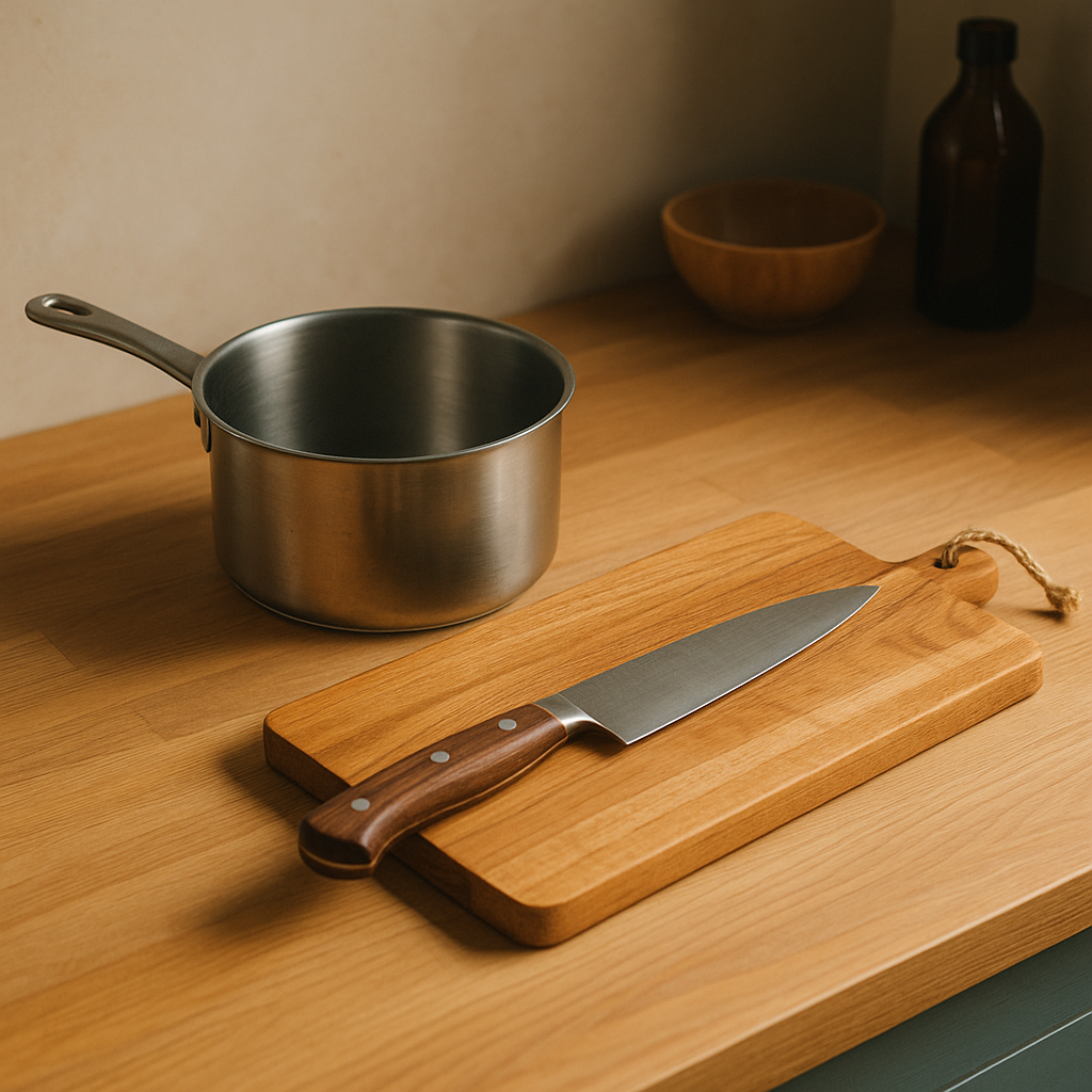 Photographie d’une cuisine minimaliste avec un plan de travail en bois clair, une casserole en inox, une planche à découper en bois et un couteau de chef élégant, le tout baigné par une lumière naturelle chaleureuse.
