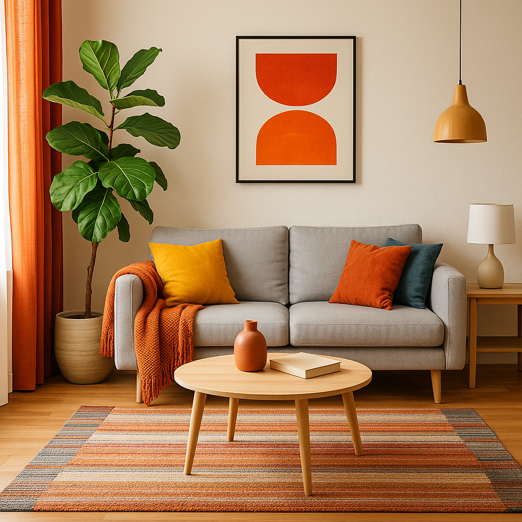 Photographie d’un salon minimaliste coloré avec canapé gris clair, coussins orange et jaune, plaid assorti, grande plante verte en pot et tableau abstrait orange au mur.