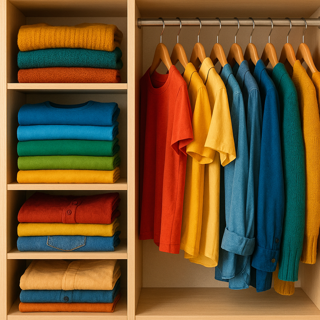 Photographie d’une armoire minimaliste en bois clair, avec des vêtements pliés par couleurs à gauche et des chemises suspendues en dégradé de rouge, jaune et bleu à droite.