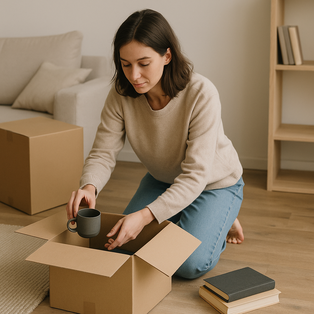 Photographie d’une femme rangeant un mug dans un carton, assise sur le sol d’un salon minimaliste avec canapé clair, étagère vide et quelques livres empilés.