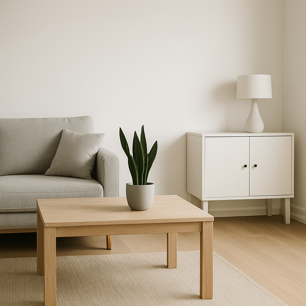 Illustration minimaliste d’un salon épuré avec canapé gris, table basse en bois clair et plante verte en pot, créant une atmosphère calme et ordonnée.