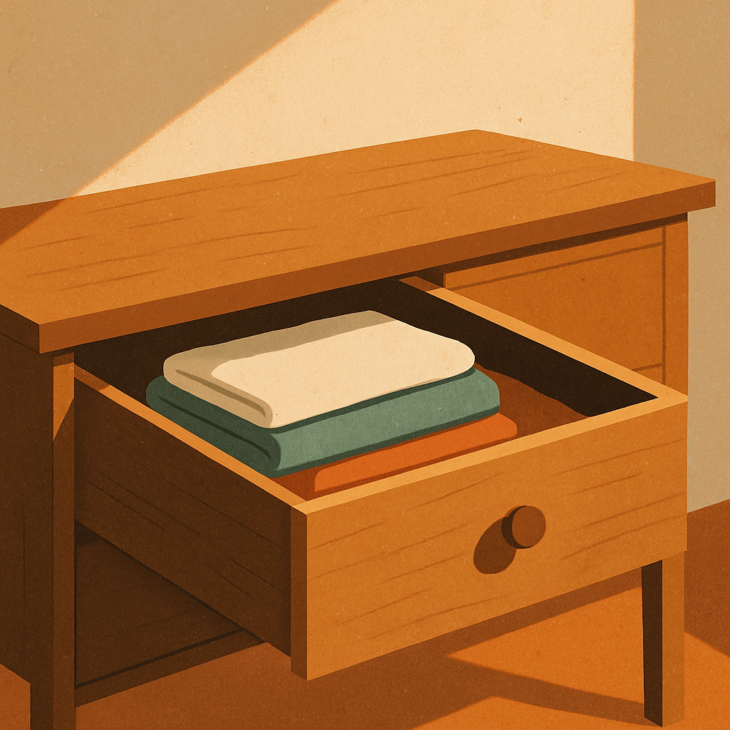 Illustration minimaliste d’un tiroir en bois ouvert contenant des vêtements pliés, symbole d’une organisation simple et épurée