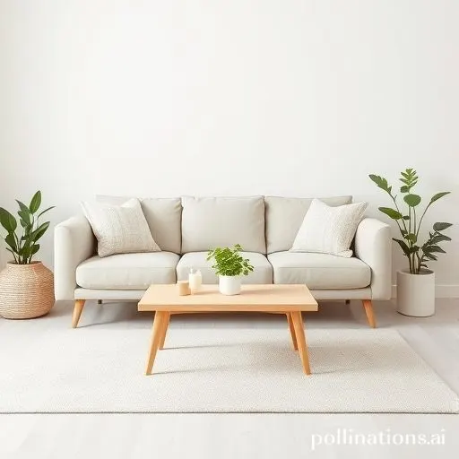Salon minimaliste avec canapé beige, table basse en bois clair et plantes vertes