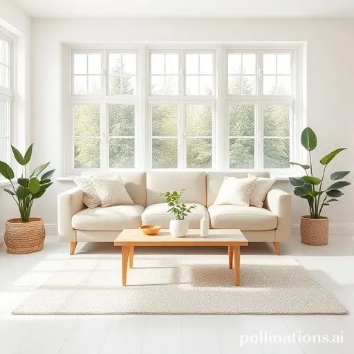 Salon minimaliste avec canapé beige, table basse en bois clair et décoration épurée
