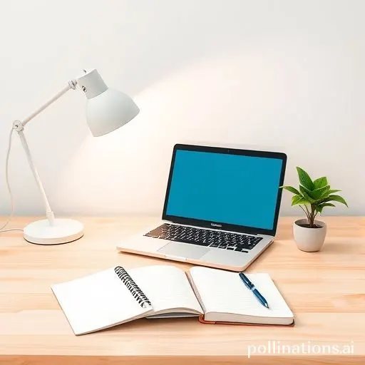 Bureau minimaliste avec ordinateur portable, lampe, plante, carnet et stylo