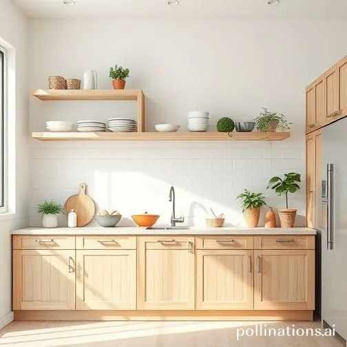 Cuisine minimaliste avec étagères murales et ustensiles rangés