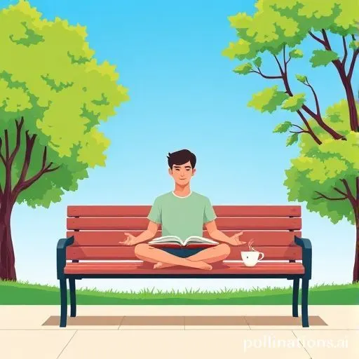 Personne méditant dans un parc avec un livre et une tasse de thé
