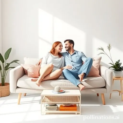 Un couple souriant assis sur un canapé minimaliste, entourés de peu d'objets