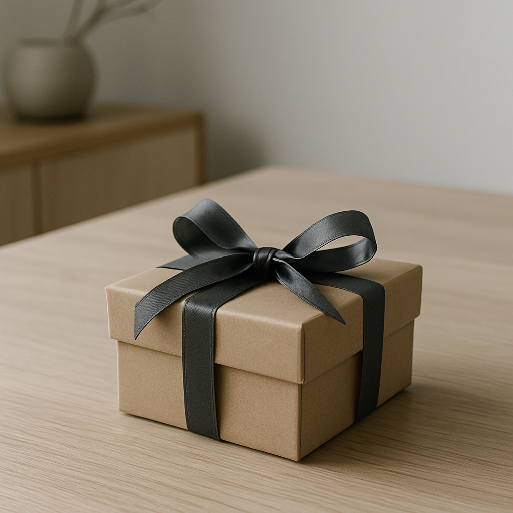 Photographie d’une petite boîte cadeau en kraft beige, posée sur une table en bois clair, décorée d’un ruban noir élégant dans un intérieur minimaliste.