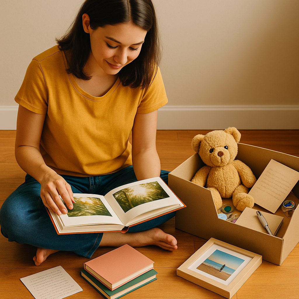 Photographie d’une jeune femme assise sur un parquet en bois clair, vêtue d’un t-shirt jaune et d’un jean, regardant un album photo, avec à ses côtés une boîte contenant un ours en peluche, des lettres manuscrites et des souvenirs colorés.