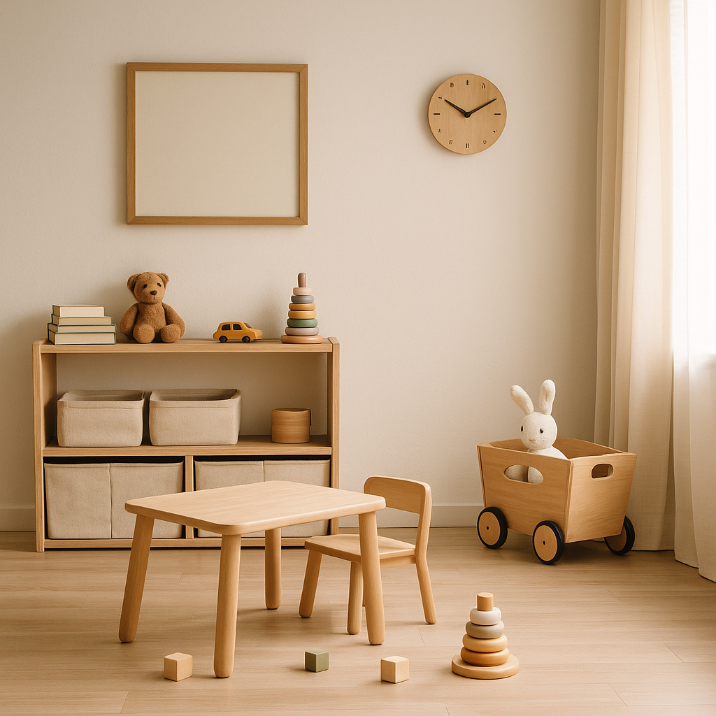 Photographie d’une chambre d’enfant minimaliste avec meubles en bois clair, jouets simples et bien rangés, et un lapin en peluche assis dans un chariot.